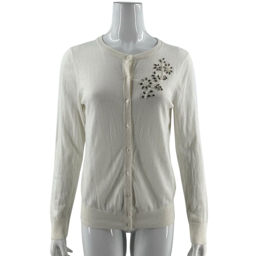Ann Taylor Loft Outlet Cardigan Sweater Size Large White Jeweled Embellished